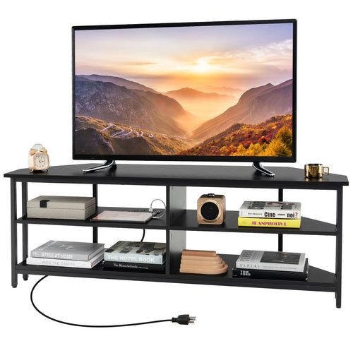 3-Tier Corner TV Stand for TVs up to 65 Inches with Charging Station- Black, Black