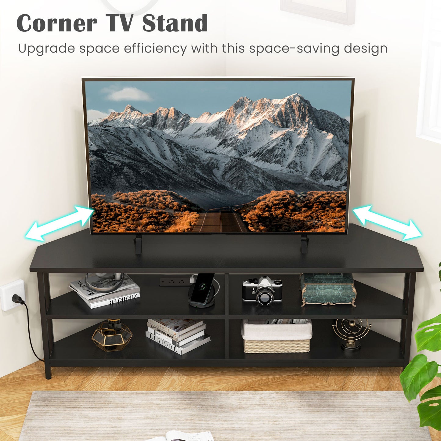 3-Tier Corner TV Stand for TVs up to 65 Inches with Charging Station- Black, Black Entertainment Centers & TV Stands at Gallery Canada
