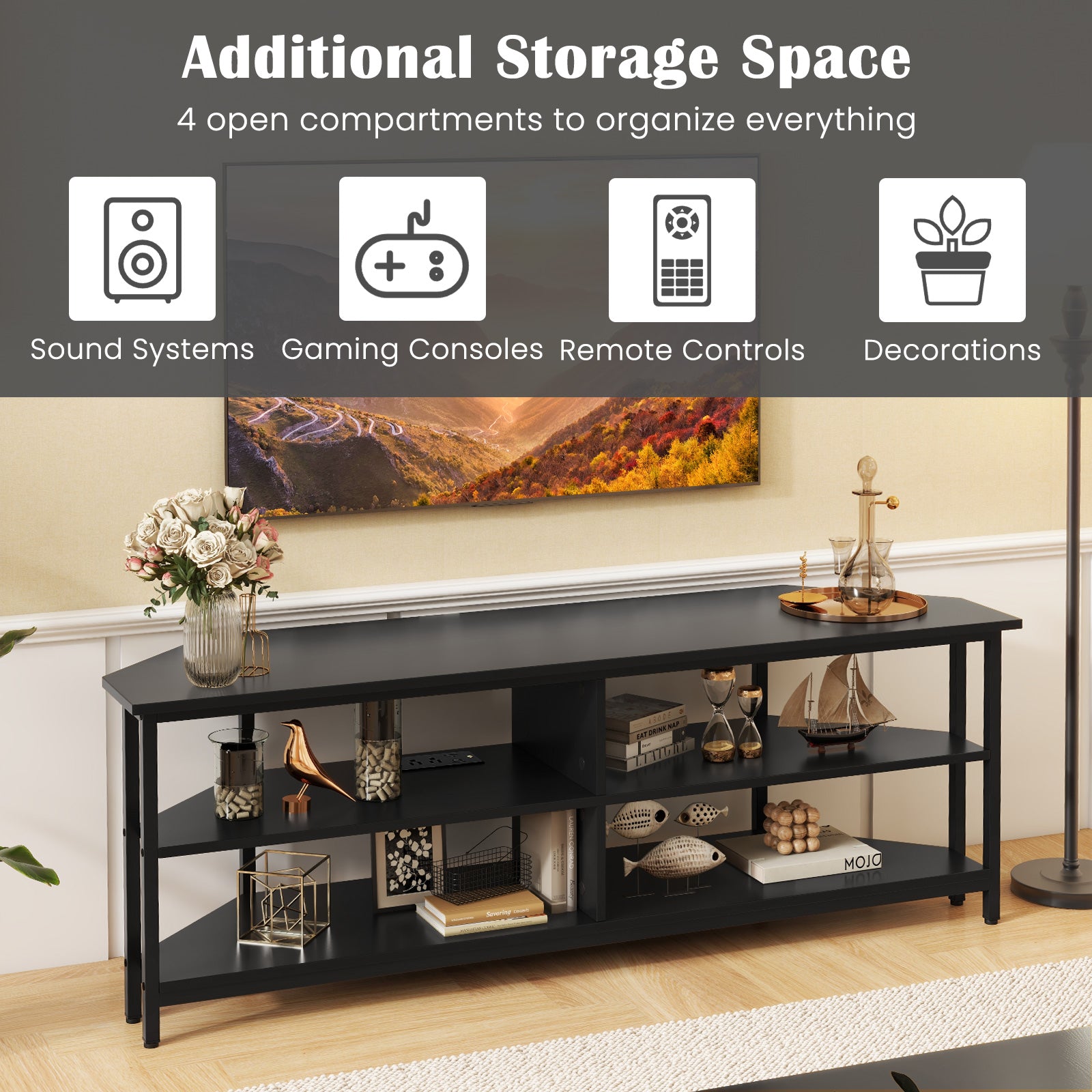 3-Tier Corner TV Stand for TVs up to 65 Inches with Charging Station- Black, Black Entertainment Centers & TV Stands at Gallery Canada