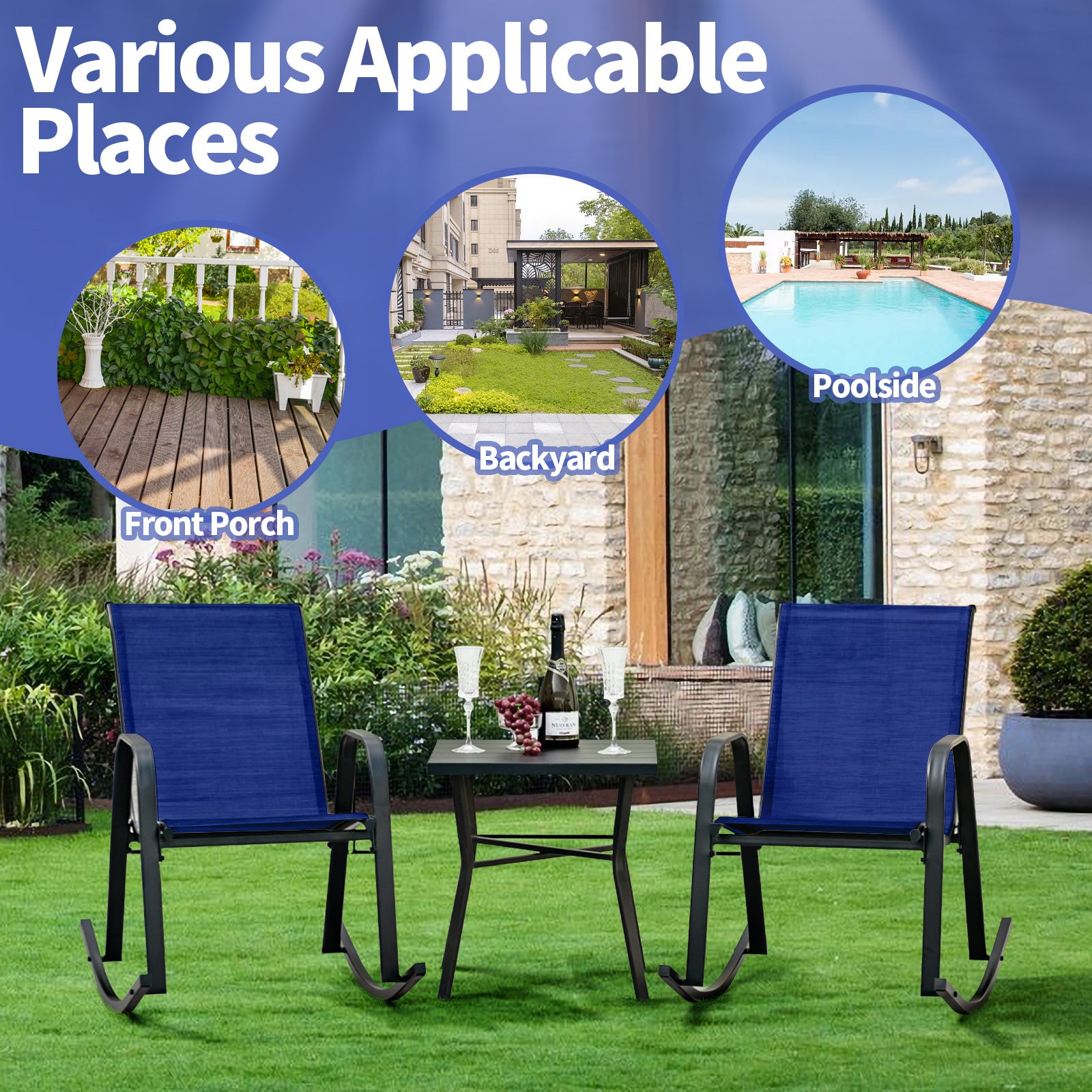 Set of 2 Metal Patio Rocking Chair with Breathable Seat Fabric, Navy Patio Rocking Chairs & Gliders at Gallery Canada