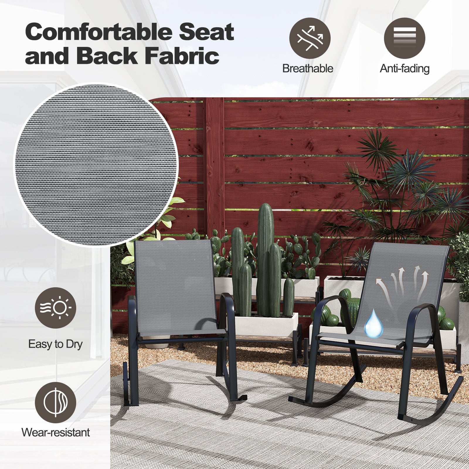 Set of 2 Metal Patio Rocking Chair with Breathable Seat Fabric, Gray Patio Rocking Chairs & Gliders at Gallery Canada