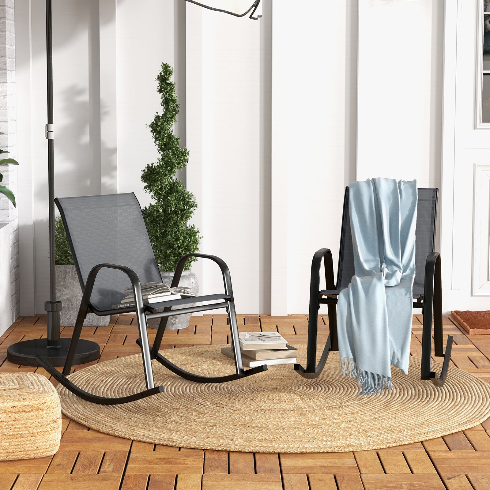 Set of 2 Metal Patio Rocking Chair with Breathable Seat Fabric, Gray Patio Rocking Chairs & Gliders at Gallery Canada