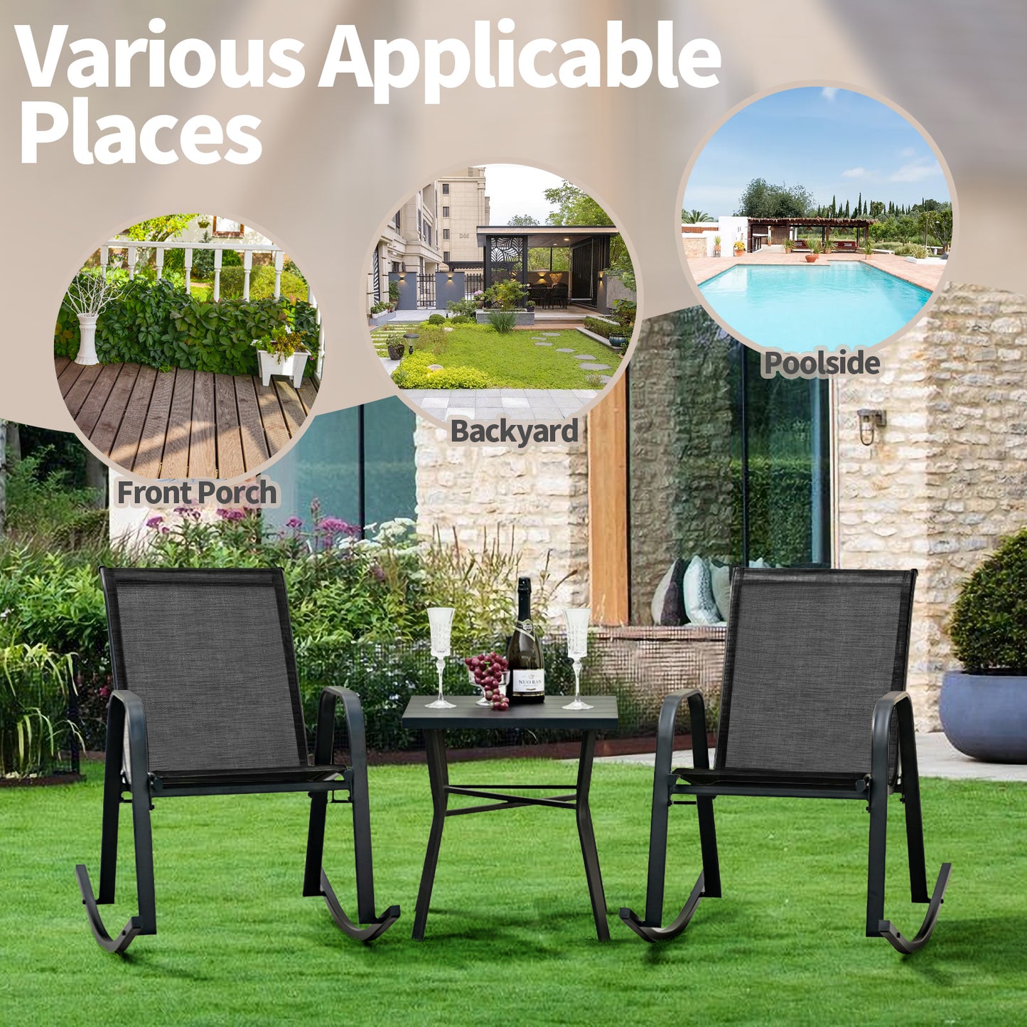 Set of 2 Metal Patio Rocking Chair with Breathable Seat Fabric, Black Patio Rocking Chairs & Gliders at Gallery Canada