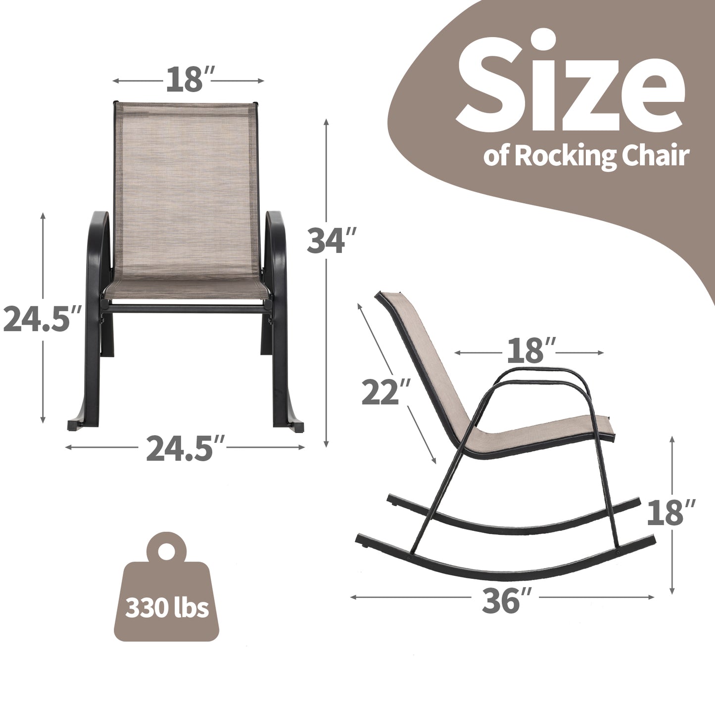 Set of 2 Heavy-Duty Metal Patio Rocking Chair with Breathable Seat Fabric, Brown Patio Rocking Chairs & Gliders at Gallery Canada
