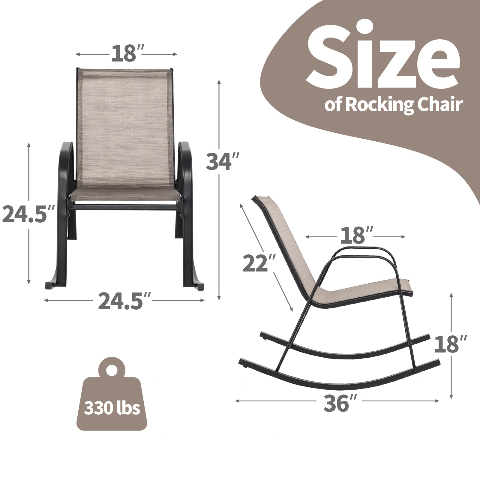 Set of 2 Heavy-Duty Metal Patio Rocking Chair with Breathable Seat Fabric, Brown Patio Rocking Chairs & Gliders at Gallery Canada