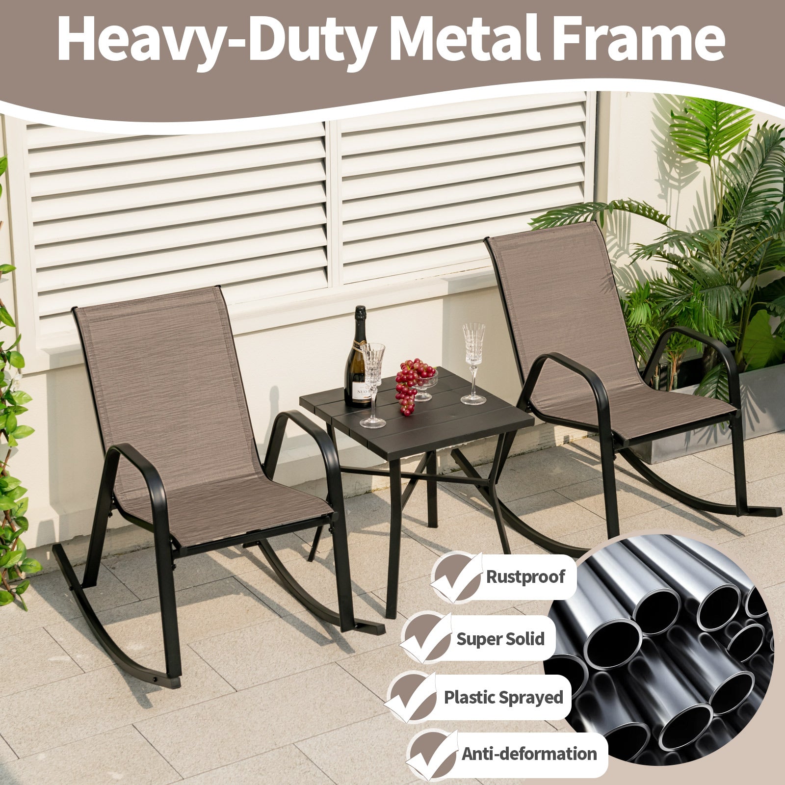 Set of 2 Heavy-Duty Metal Patio Rocking Chair with Breathable Seat Fabric, Brown Patio Rocking Chairs & Gliders at Gallery Canada