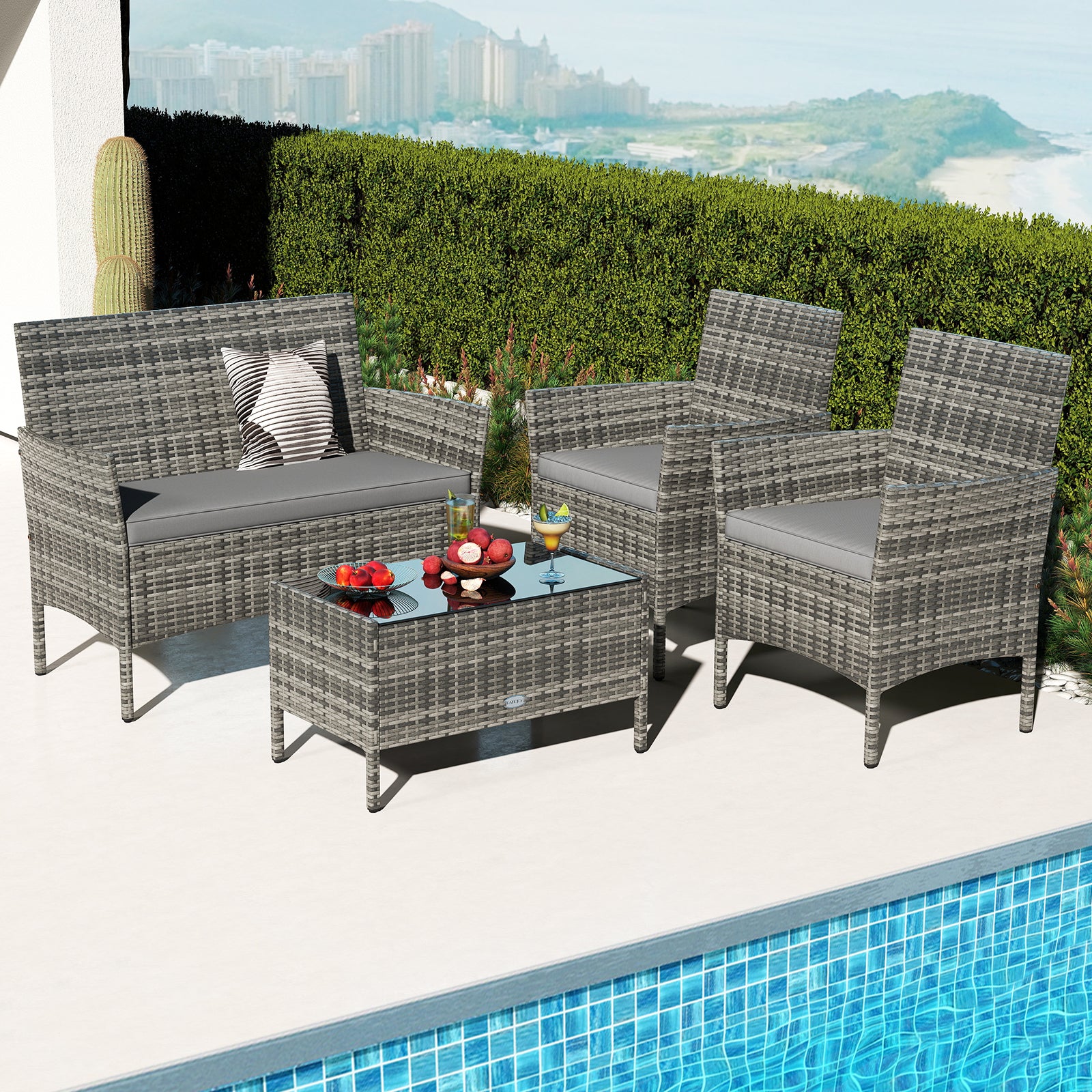 4 Pieces Patio Rattan Conversation Set with Tempered Glass Coffee Table, Gray Patio Conversation Sets at Gallery Canada