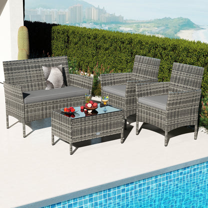 4 Pieces Patio Rattan Conversation Set with Tempered Glass Coffee Table, Gray Patio Conversation Sets at Gallery Canada