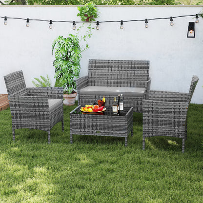 4 Pieces Patio Rattan Conversation Set with Tempered Glass Coffee Table, Gray Patio Conversation Sets at Gallery Canada