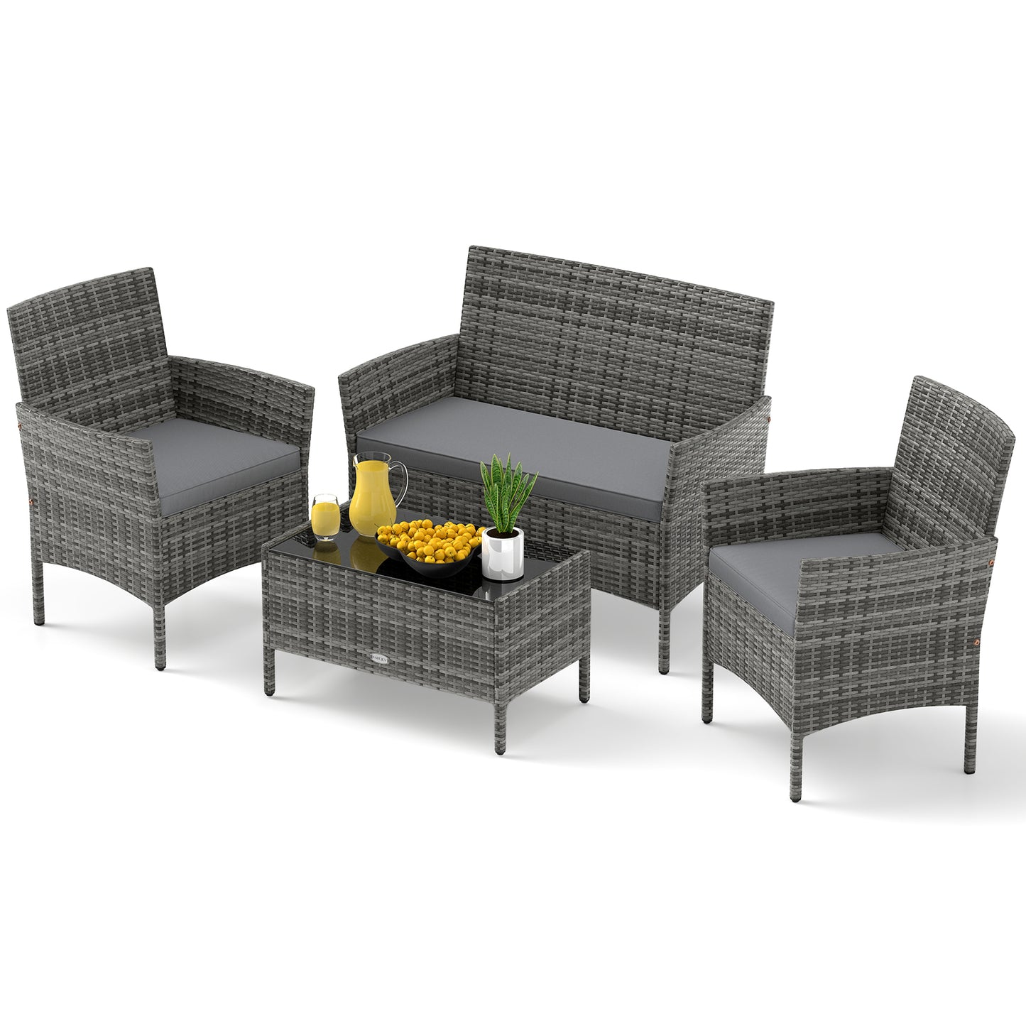 4 Pieces Patio Rattan Conversation Set with Tempered Glass Coffee Table, Gray Patio Conversation Sets at Gallery Canada