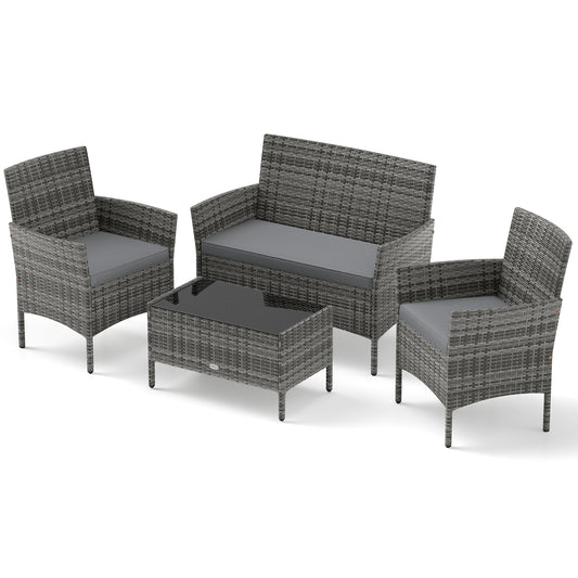 4 Piece Patio Rattan Conversation Set, Tempered Glass Coffee Table, Gray