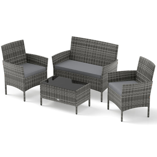 4 Piece Patio Rattan Conversation Set, Tempered Glass Coffee Table, Gray