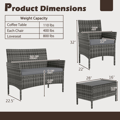 4 Pieces Patio Rattan Conversation Set with Tempered Glass Coffee Table, Gray Patio Conversation Sets at Gallery Canada