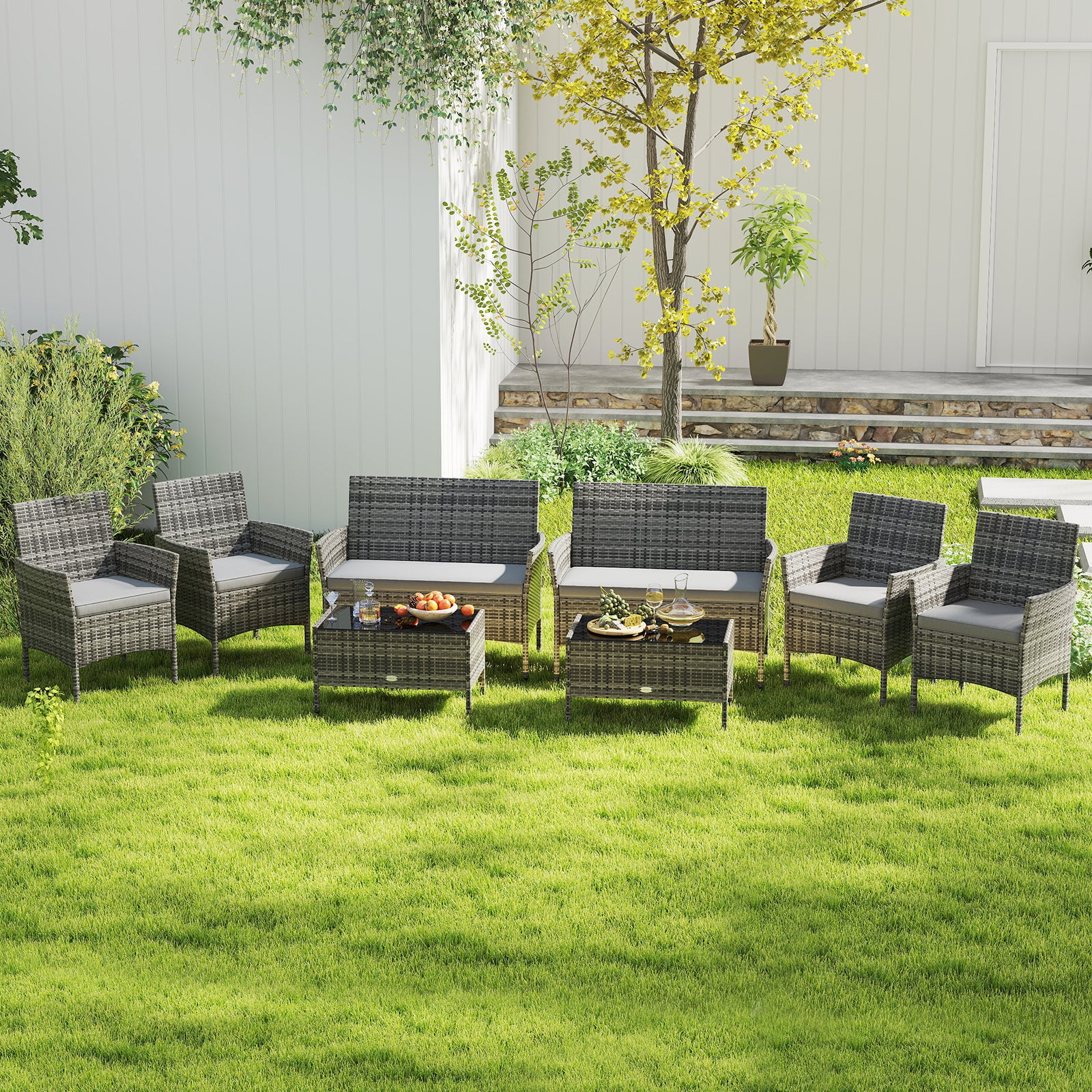 4 Pieces Patio Rattan Conversation Set with Tempered Glass Coffee Table, Gray Patio Conversation Sets at Gallery Canada