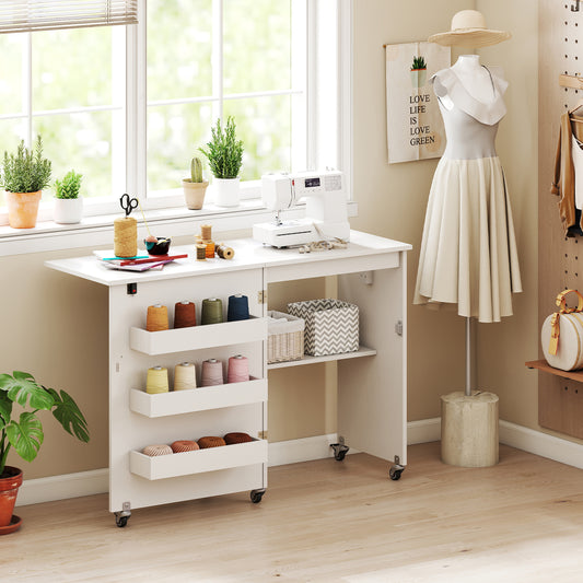 Sewing Machine Table With Charging Station, Lockable Casters, White Sewing Tables White at Gallery Canada