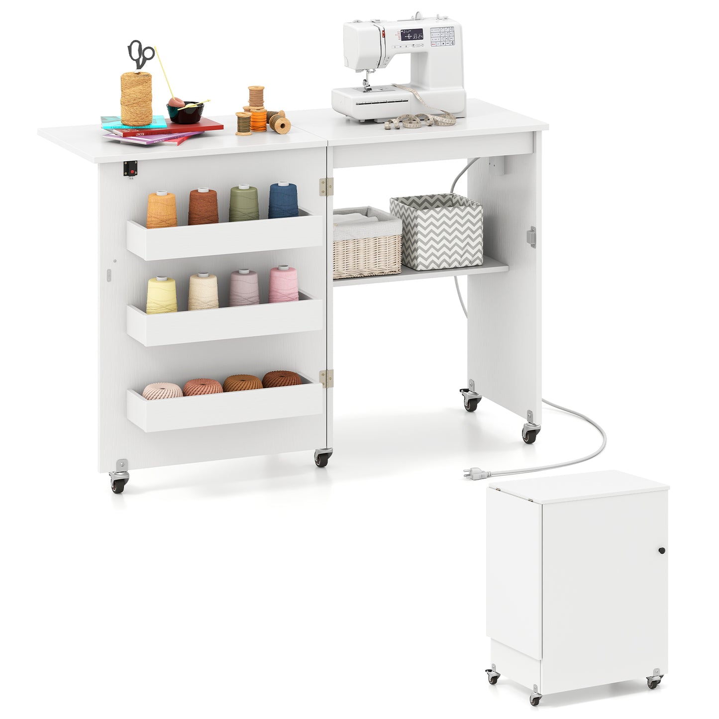 Sewing Machine Table With Charging Station, Lockable Casters, White Sewing Tables at Gallery Canada