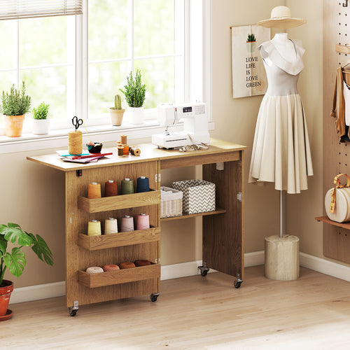 Sewing Machine Table With Charging Station, Lockable Casters, Natural