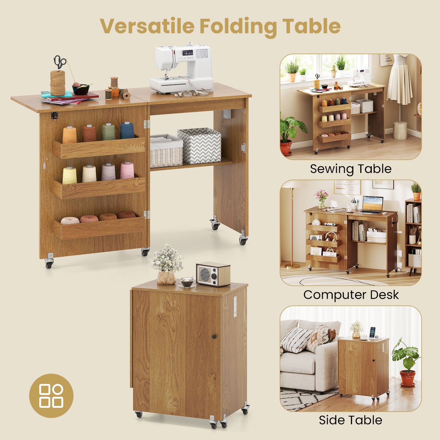 Sewing Machine Table With Charging Station, Lockable Casters, Natural Sewing Tables at Gallery Canada