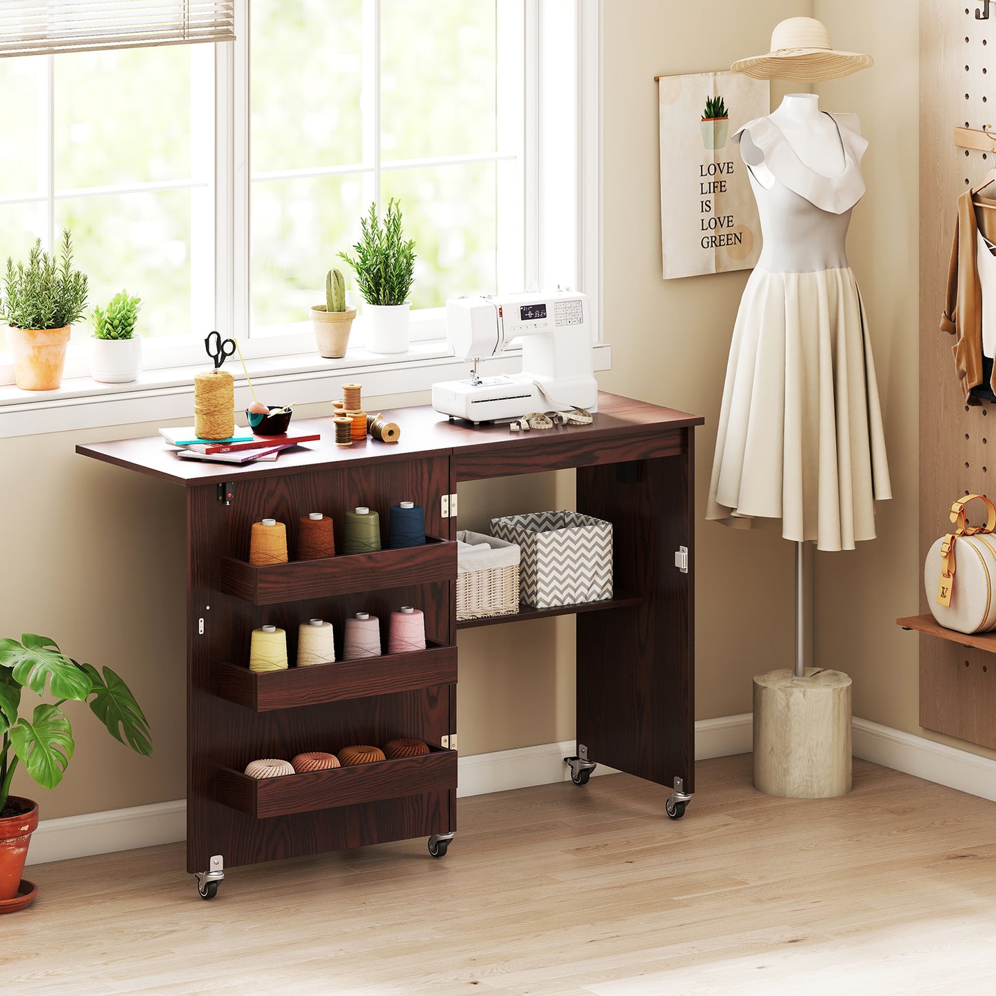 Sewing Machine Table With Charging Station, Lockable Casters, Brown Sewing Tables at Gallery Canada