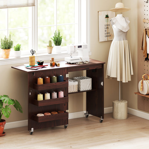 Sewing Machine Table With Charging Station, Lockable Casters, Brown