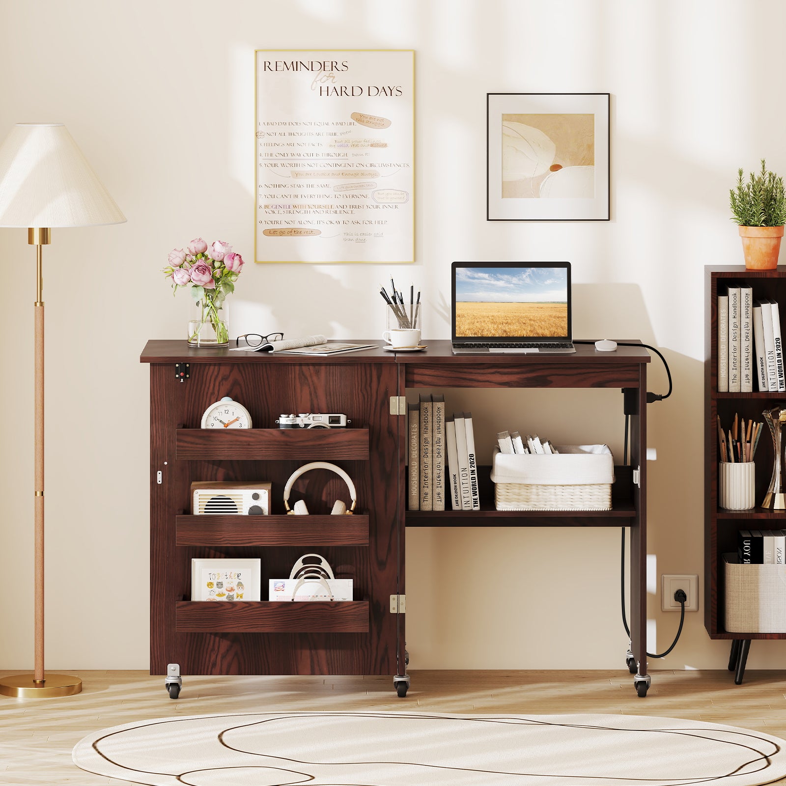 Sewing Machine Table With Charging Station, Lockable Casters, Brown Sewing Tables at Gallery Canada