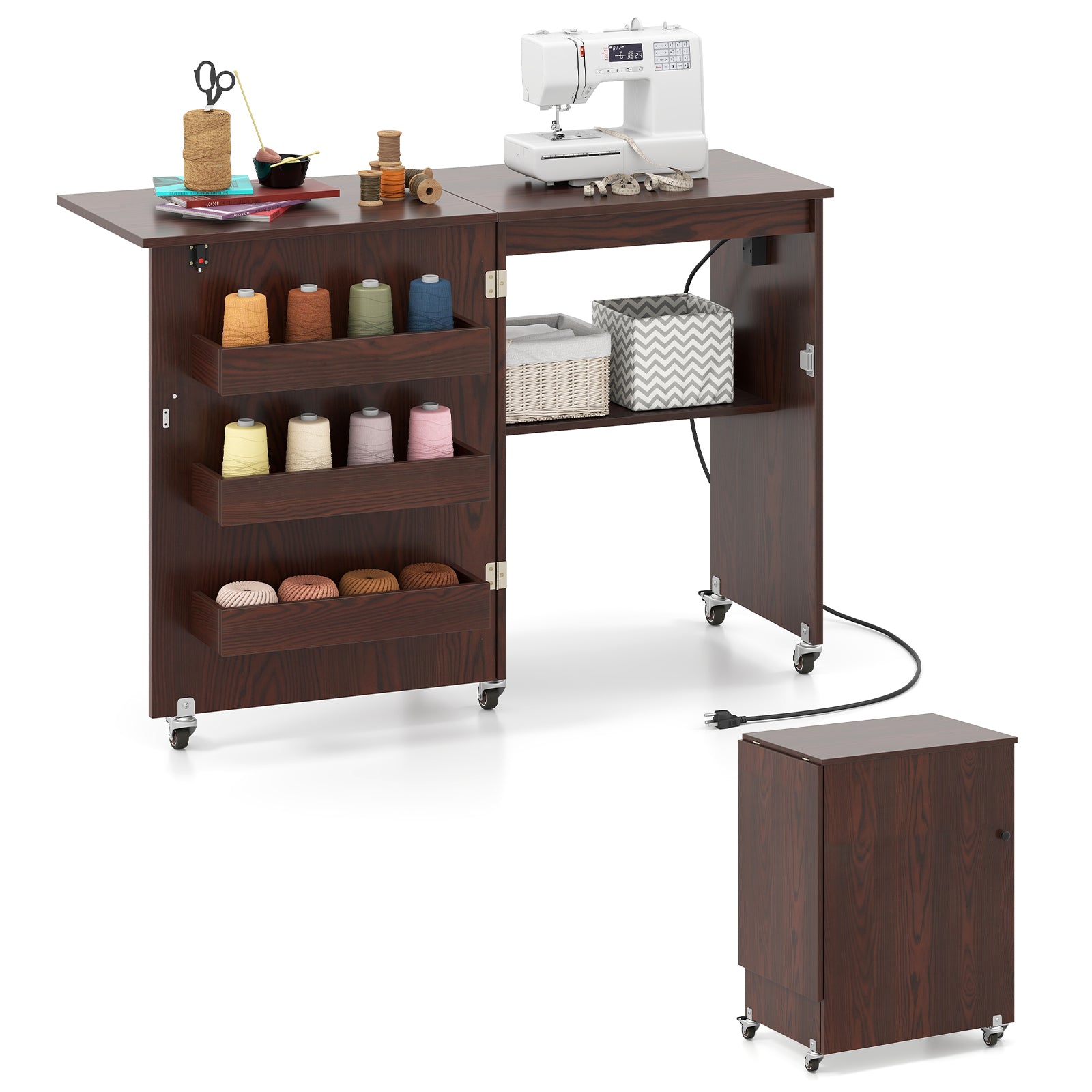 Sewing Machine Table With Charging Station, Lockable Casters, Brown Sewing Tables at Gallery Canada