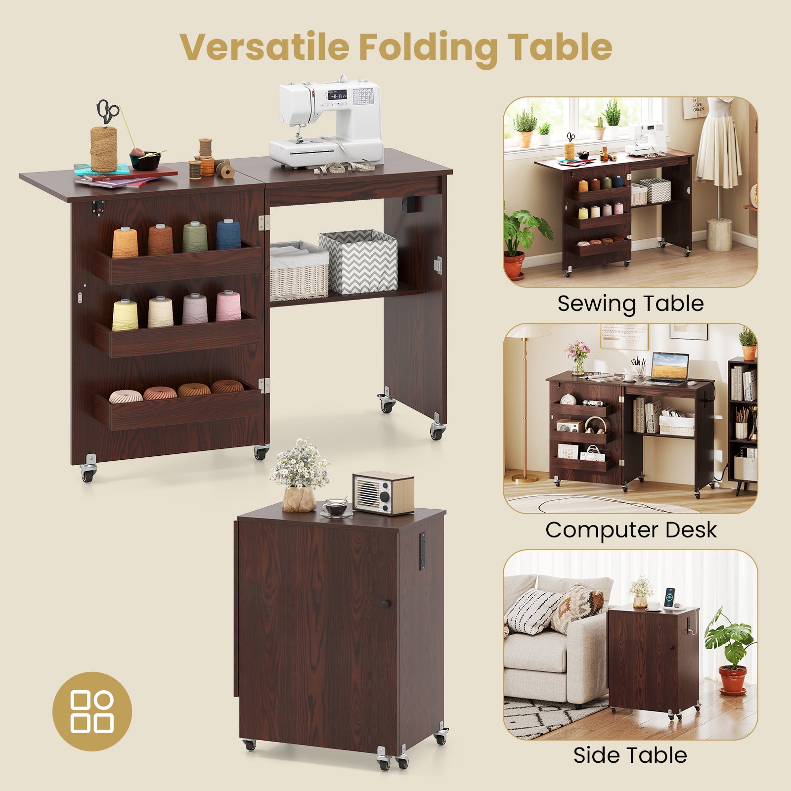 Sewing Machine Table With Charging Station, Lockable Casters, Brown Sewing Tables at Gallery Canada