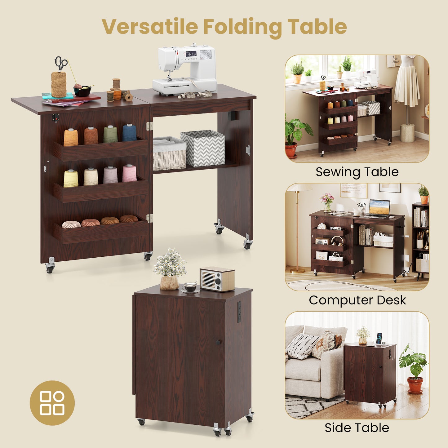 Sewing Machine Table With Charging Station, Lockable Casters, Brown Sewing Tables at Gallery Canada