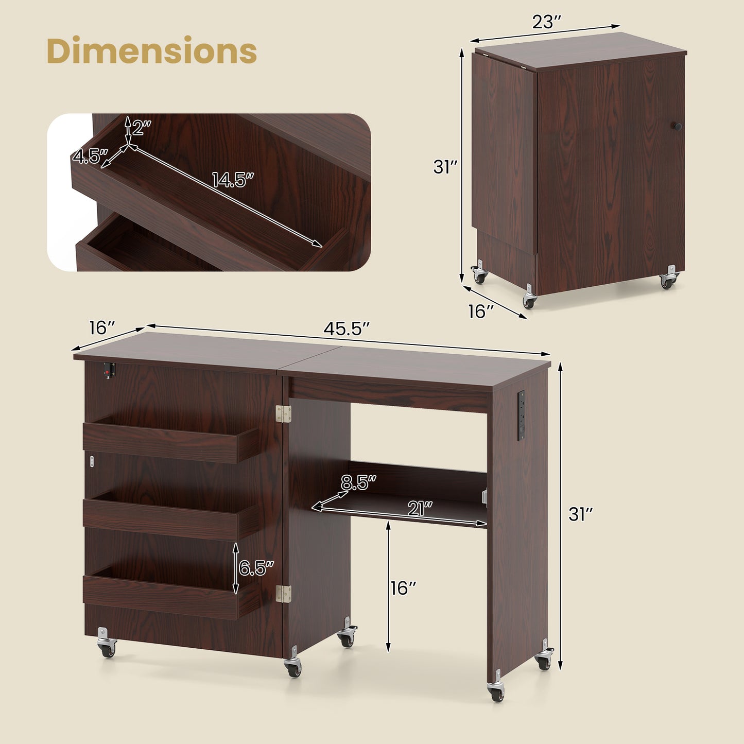 Sewing Machine Table With Charging Station, Lockable Casters, Brown Sewing Tables at Gallery Canada