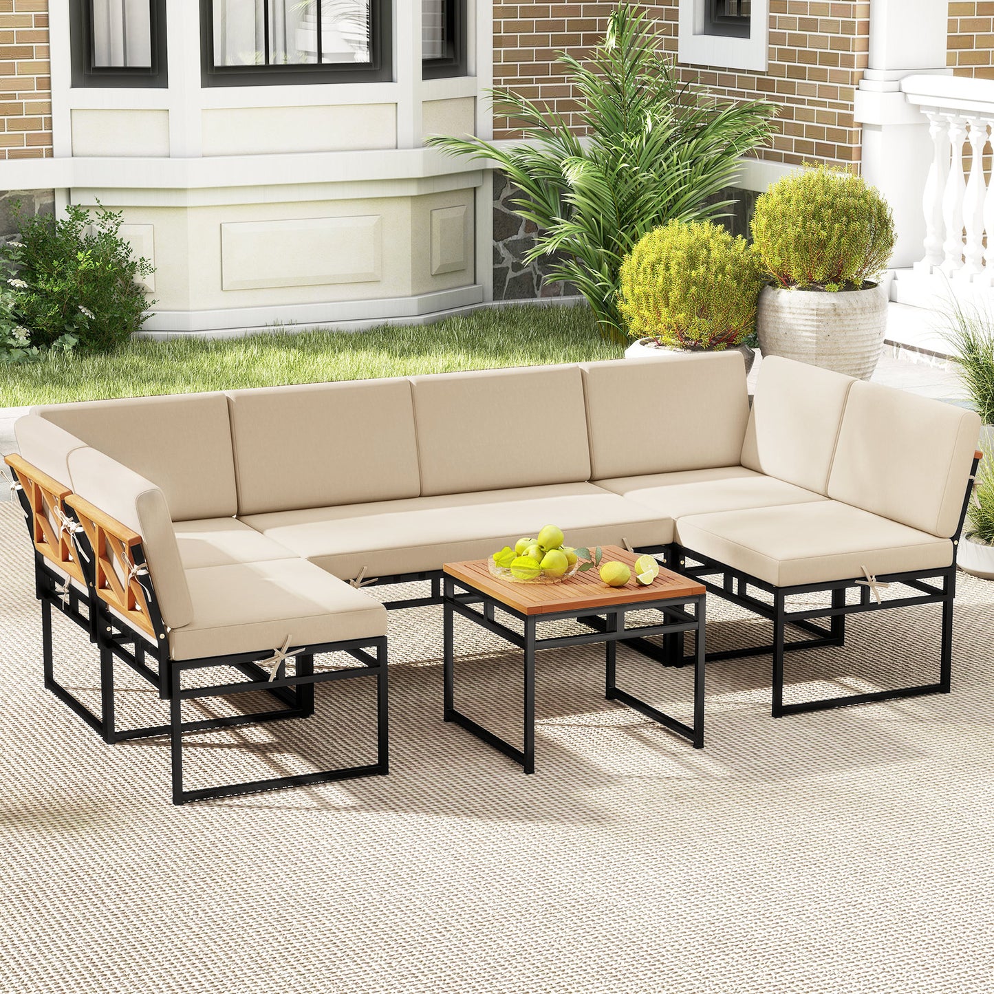 6 Piece Outdoor Sectional Sofa Set Metal Conversation Set with Cushions, Beige Patio Conversation Sets at Gallery Canada