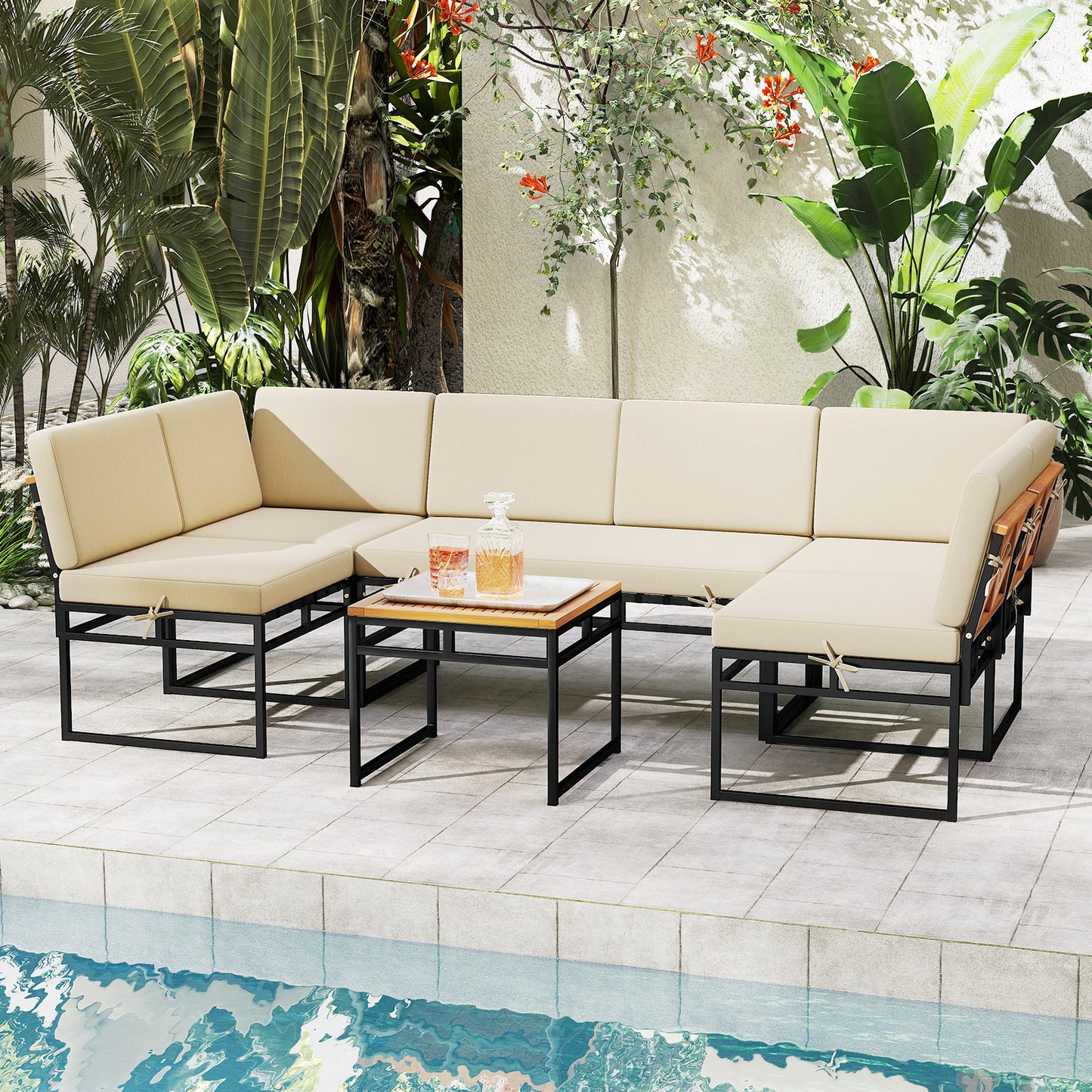6 Piece Outdoor Sectional Sofa Set Metal Conversation Set with Cushions, Beige Patio Conversation Sets at Gallery Canada