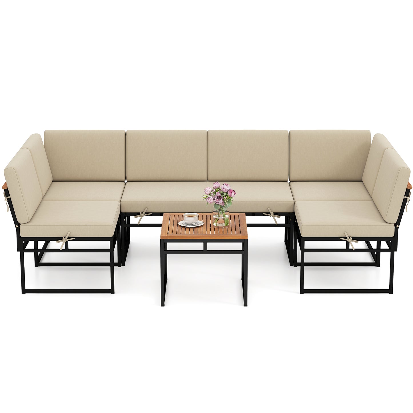 6 Piece Outdoor Sectional Sofa Set Metal Conversation Set with Cushions, Beige Patio Conversation Sets at Gallery Canada