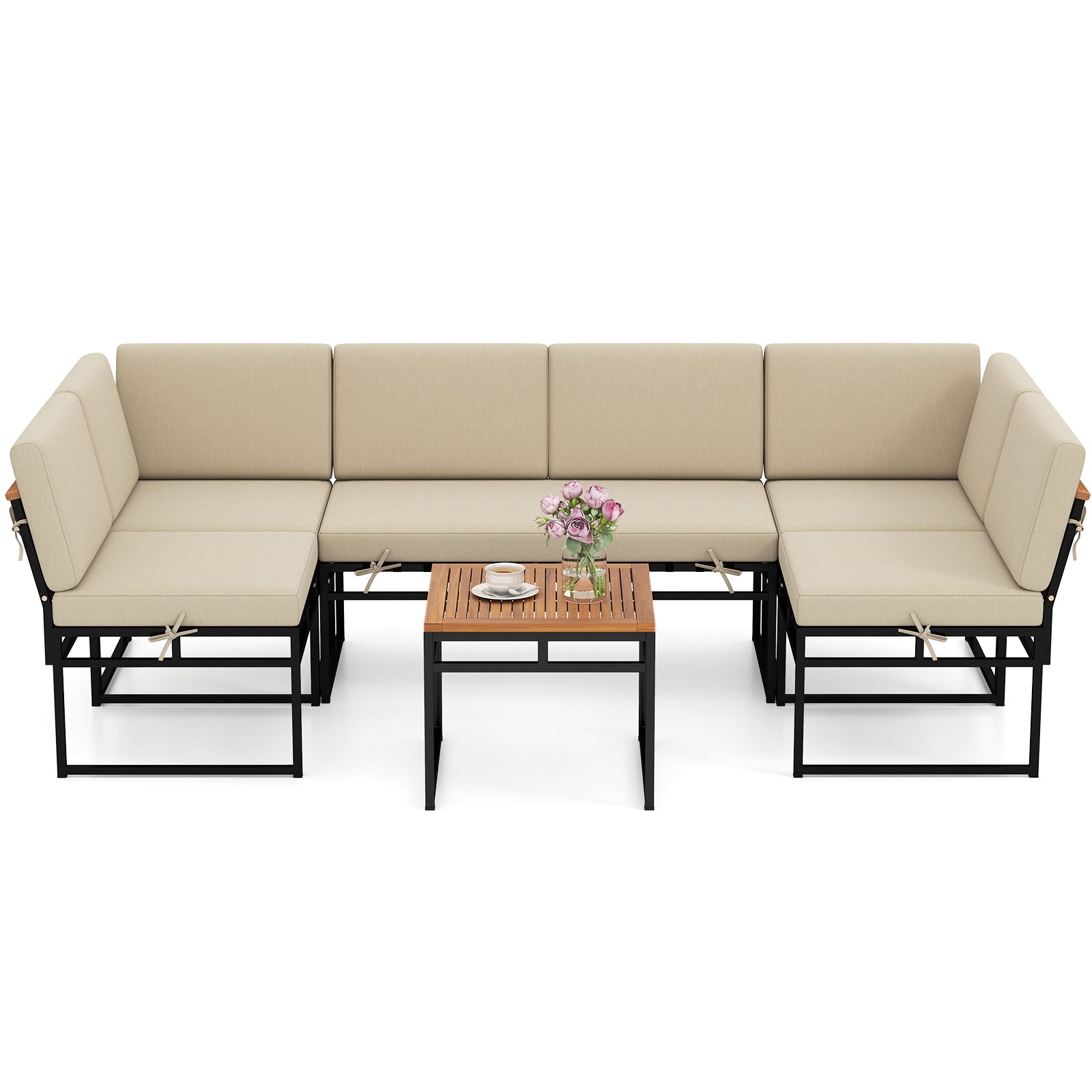 6 Piece Outdoor Sectional Sofa Set Metal Conversation Set with Cushions, Beige Patio Conversation Sets at Gallery Canada