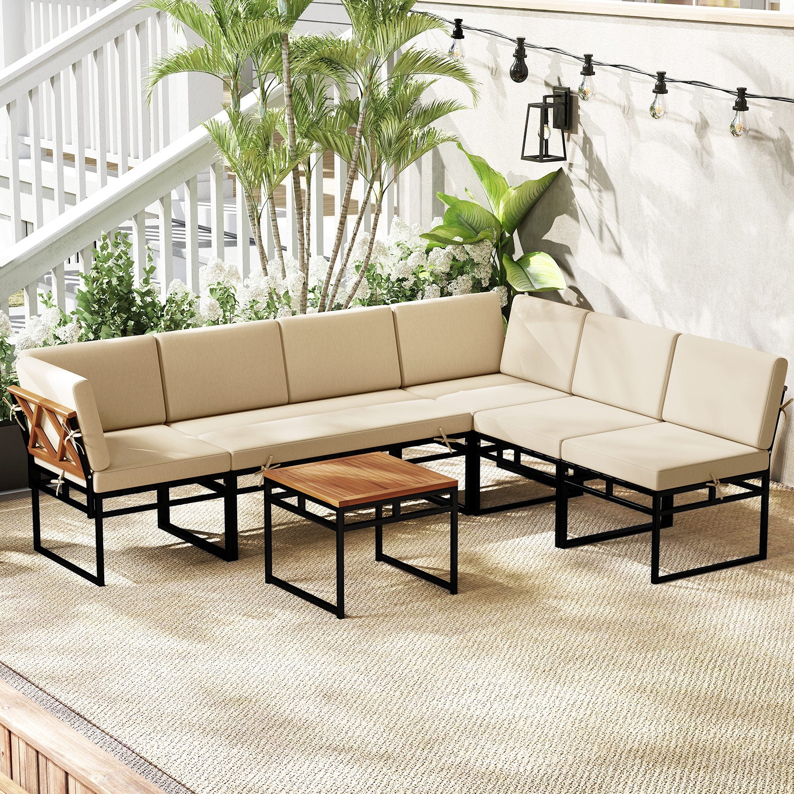 6 Piece Outdoor Sectional Sofa Set Metal Conversation Set with Cushions, Beige Patio Conversation Sets at Gallery Canada