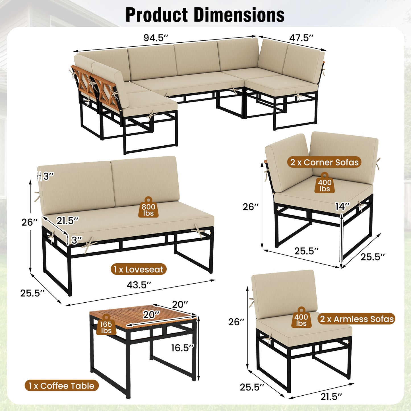 6 Piece Outdoor Sectional Sofa Set Metal Conversation Set with Cushions, Beige Patio Conversation Sets at Gallery Canada