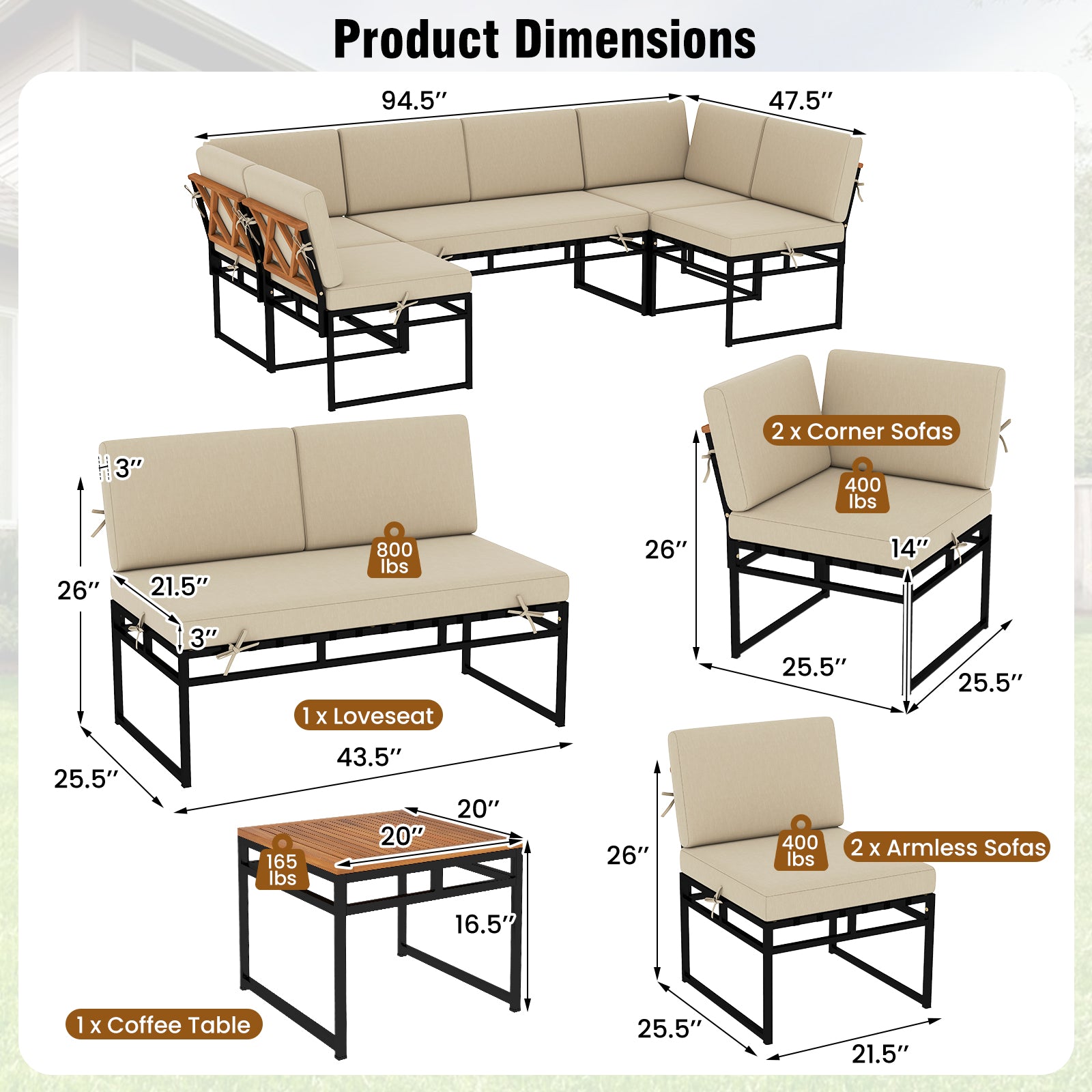 6 Piece Outdoor Sectional Sofa Set Metal Conversation Set with Cushions, Beige Patio Conversation Sets at Gallery Canada