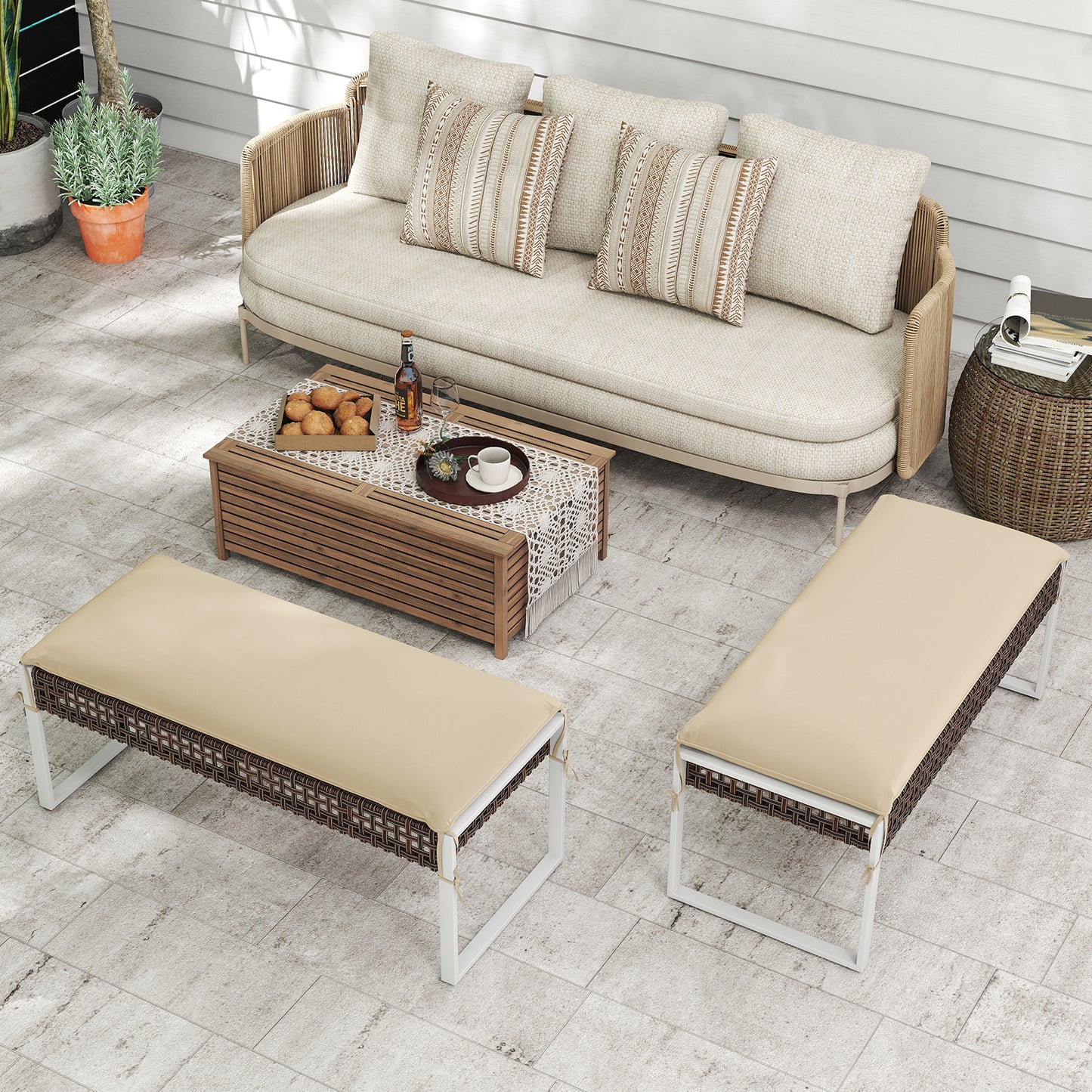 43 Inch Patio Rectangle Ottoman Pack of 2 with Metal Legs and Seat Cushion, Beige Outdoor Benches at Gallery Canada