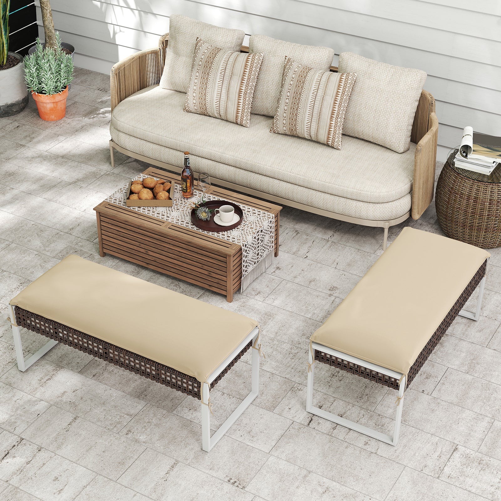 43 Inch Patio Rectangle Ottoman Pack of 2 with Metal Legs and Seat Cushion, Beige Outdoor Benches at Gallery Canada
