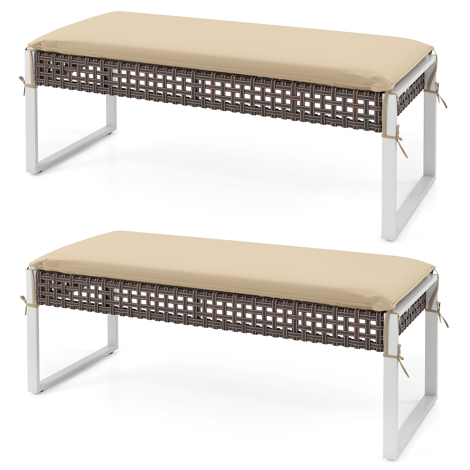 43 Inch Patio Rectangle Ottoman Pack of 2 with Metal Legs and Seat Cushion, Beige Outdoor Benches at Gallery Canada