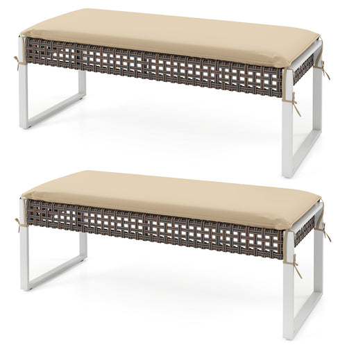 43 Inch Patio Rectangle Ottoman Pack of 2 with Metal Legs and Seat Cushion, Beige