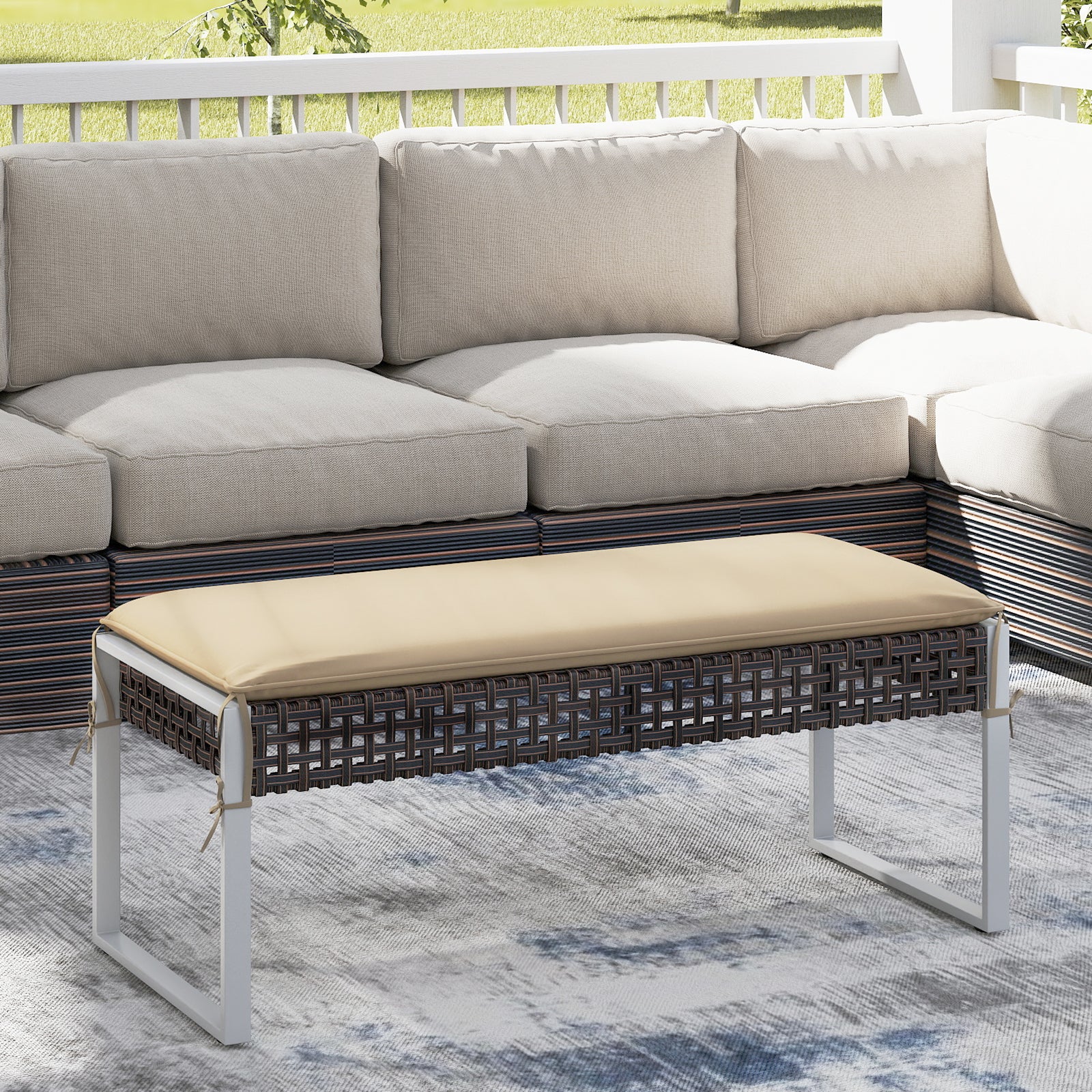 43 Inch Patio Rectangle Ottoman Pack of 2 with Metal Legs and Seat Cushion, Beige Outdoor Benches at Gallery Canada