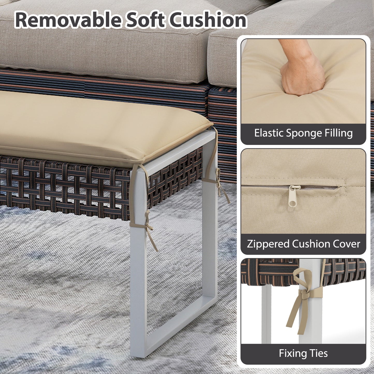 43 Inch Patio Rectangle Ottoman Pack of 2 with Metal Legs and Seat Cushion, Beige Outdoor Benches at Gallery Canada