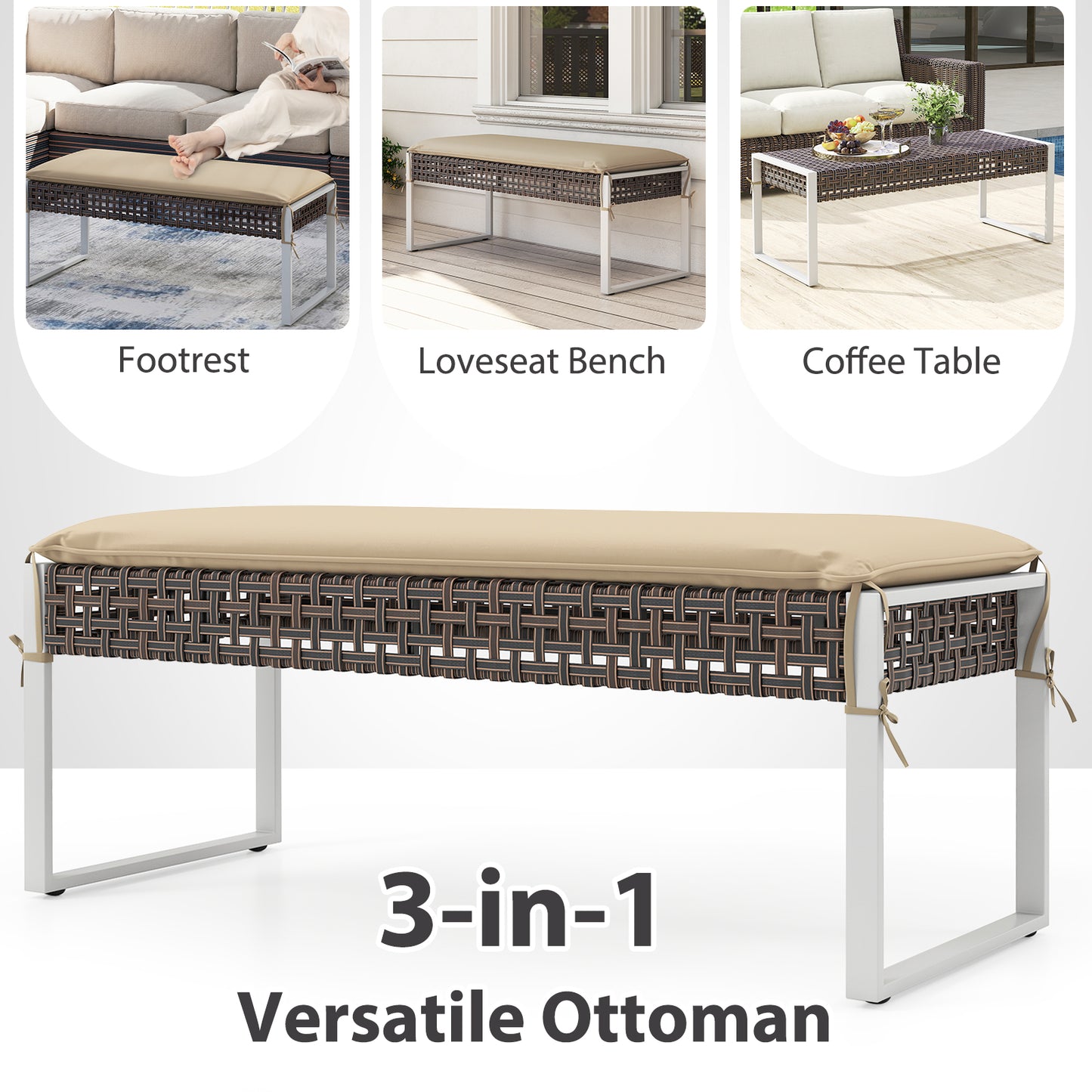 43 Inch Patio Rectangle Ottoman Pack of 2 with Metal Legs and Seat Cushion, Beige Outdoor Benches at Gallery Canada