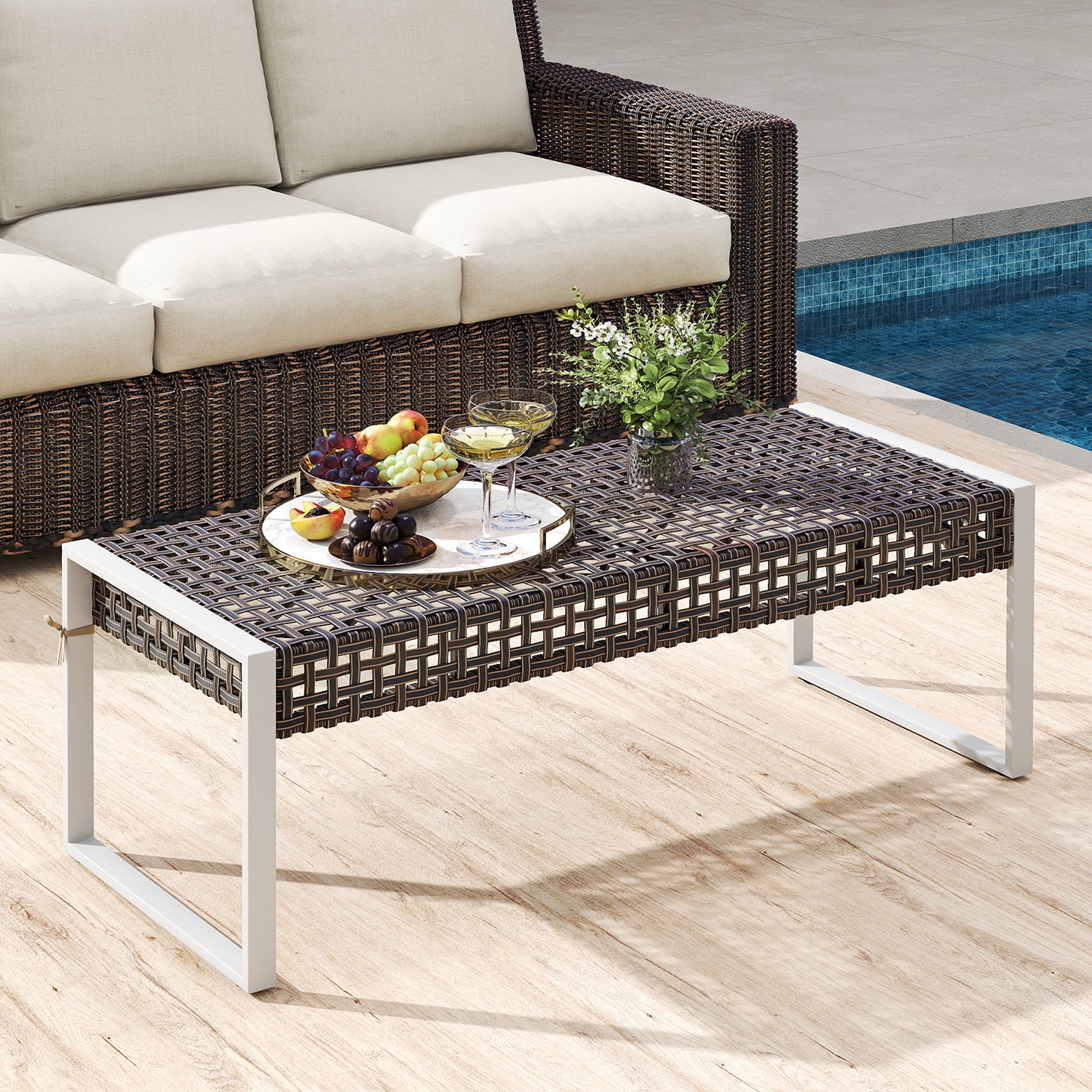 43 Inch Patio Rectangle Ottoman with Metal Legs and Seat Cushion, Beige Outdoor Benches at Gallery Canada