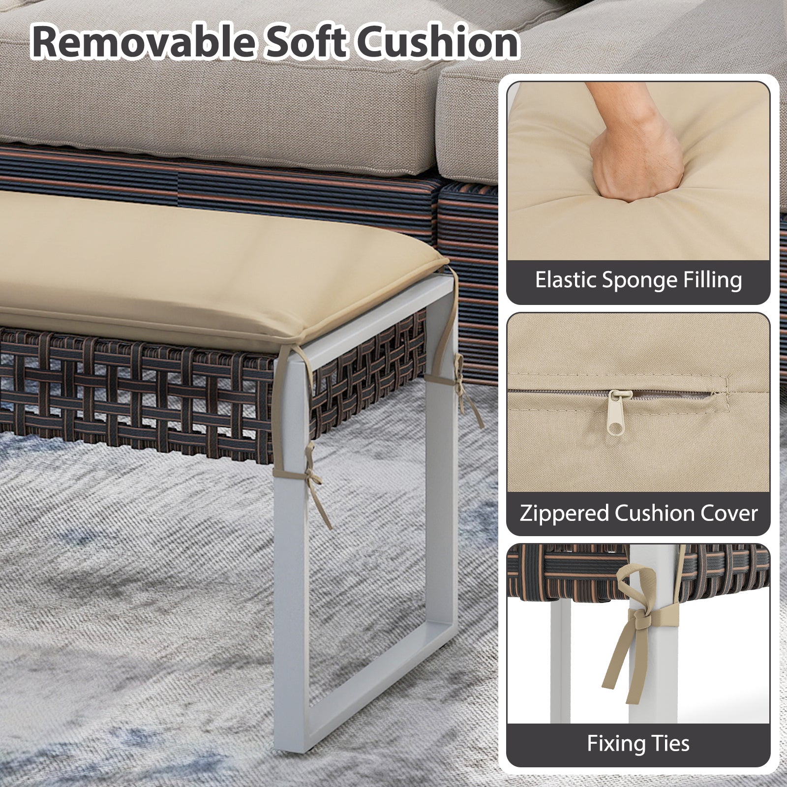 43 Inch Patio Rectangle Ottoman with Metal Legs and Seat Cushion, Beige Outdoor Benches at Gallery Canada