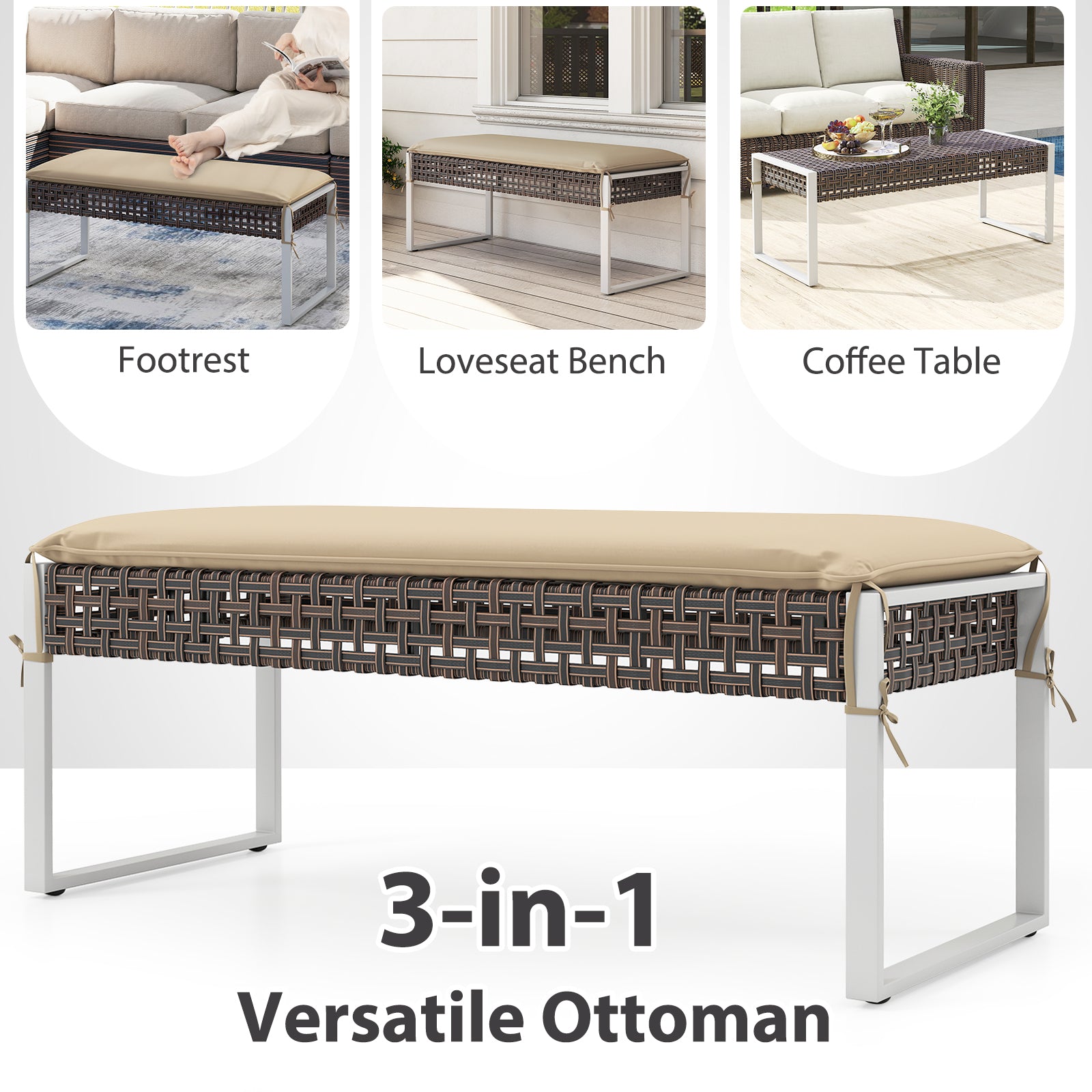43 Inch Patio Rectangle Ottoman with Metal Legs and Seat Cushion, Beige Outdoor Benches at Gallery Canada