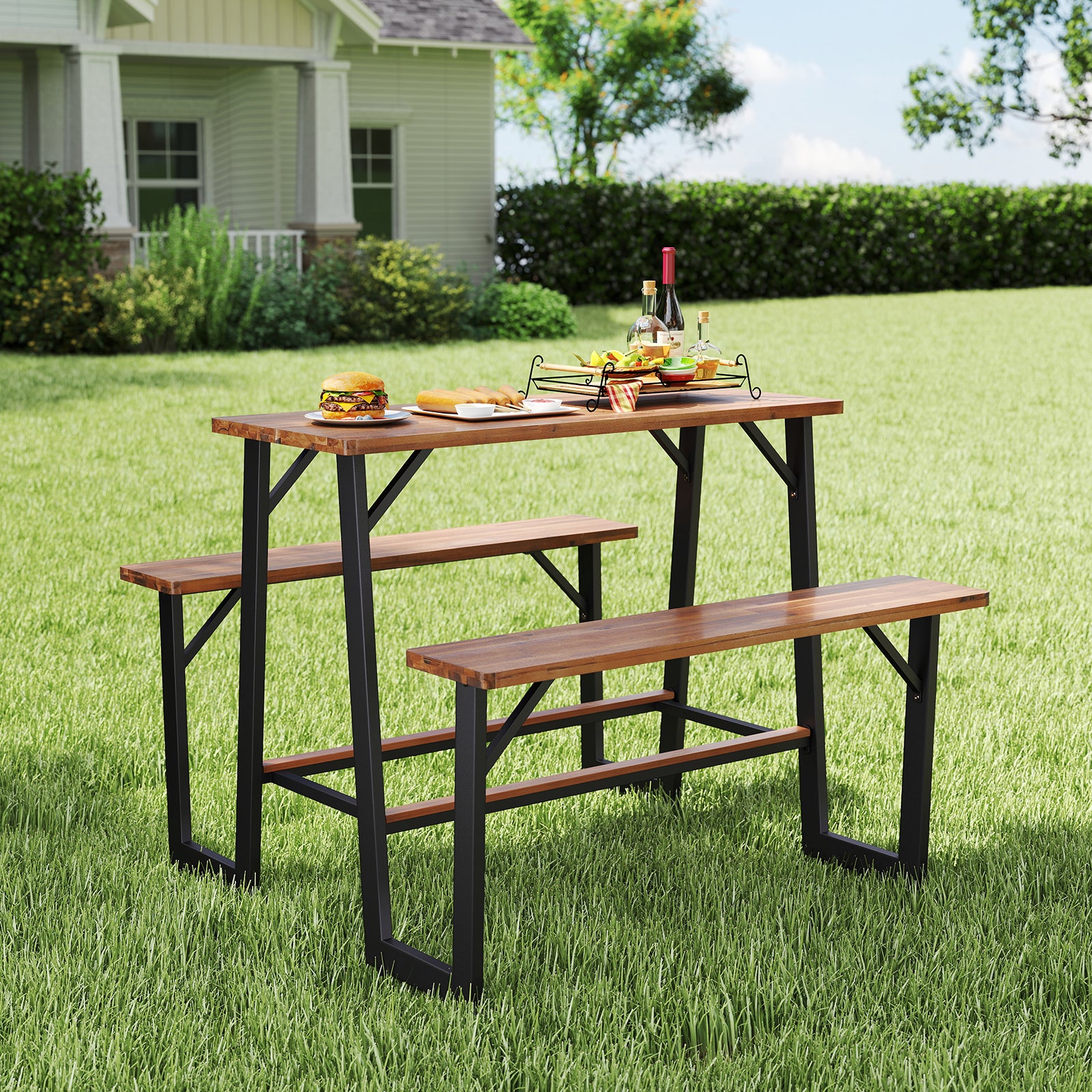 Patio Picnic Table Bench Set with Acacia Wood Tabletop and Benchtop, Natural Patio Dining Sets at Gallery Canada