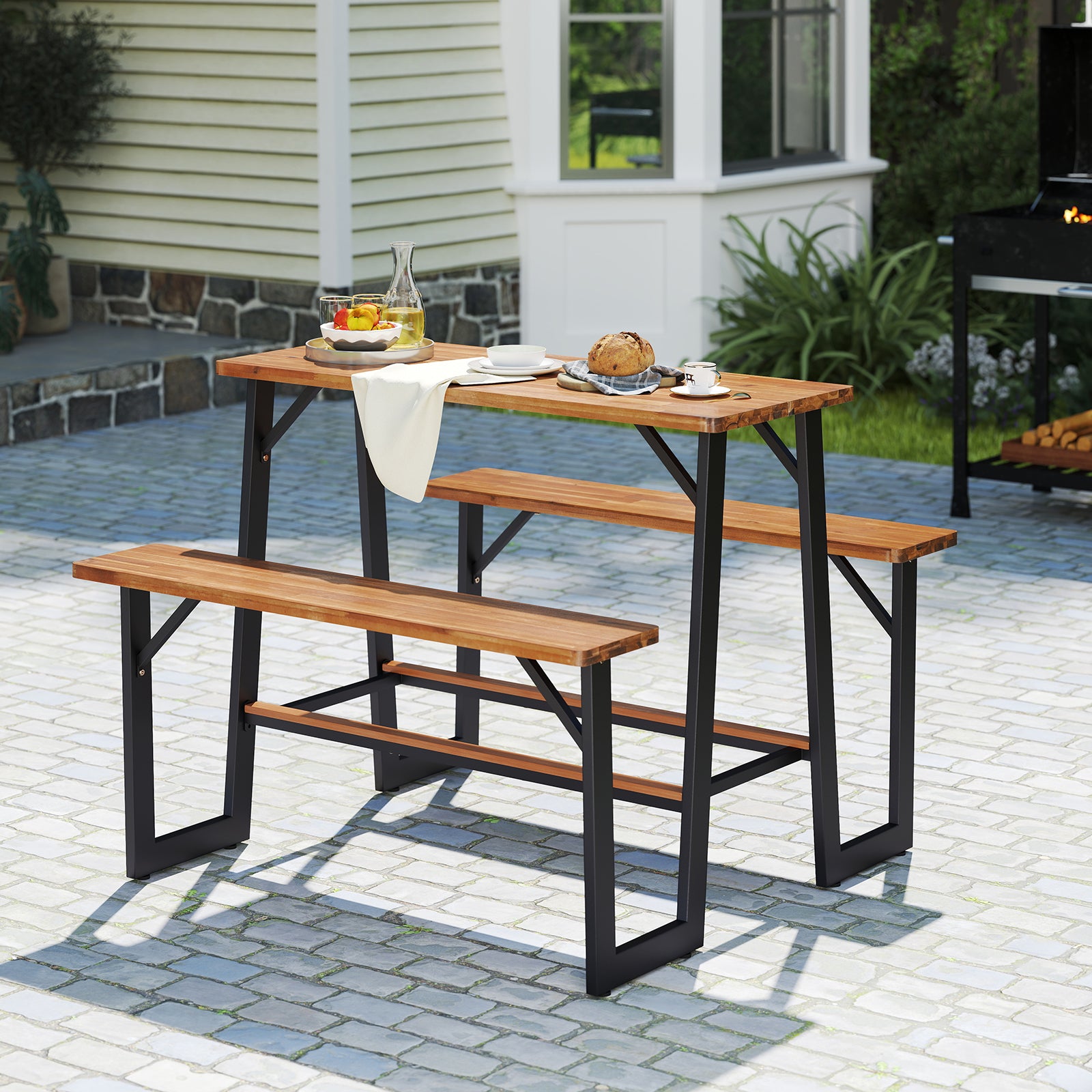 Patio Picnic Table Bench Set with Acacia Wood Tabletop and Benchtop, Natural Patio Dining Sets at Gallery Canada