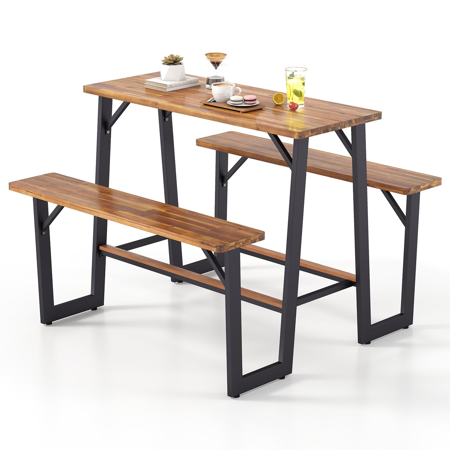 Patio Picnic Table Bench Set with Acacia Wood Tabletop and Benchtop, Natural Patio Dining Sets at Gallery Canada