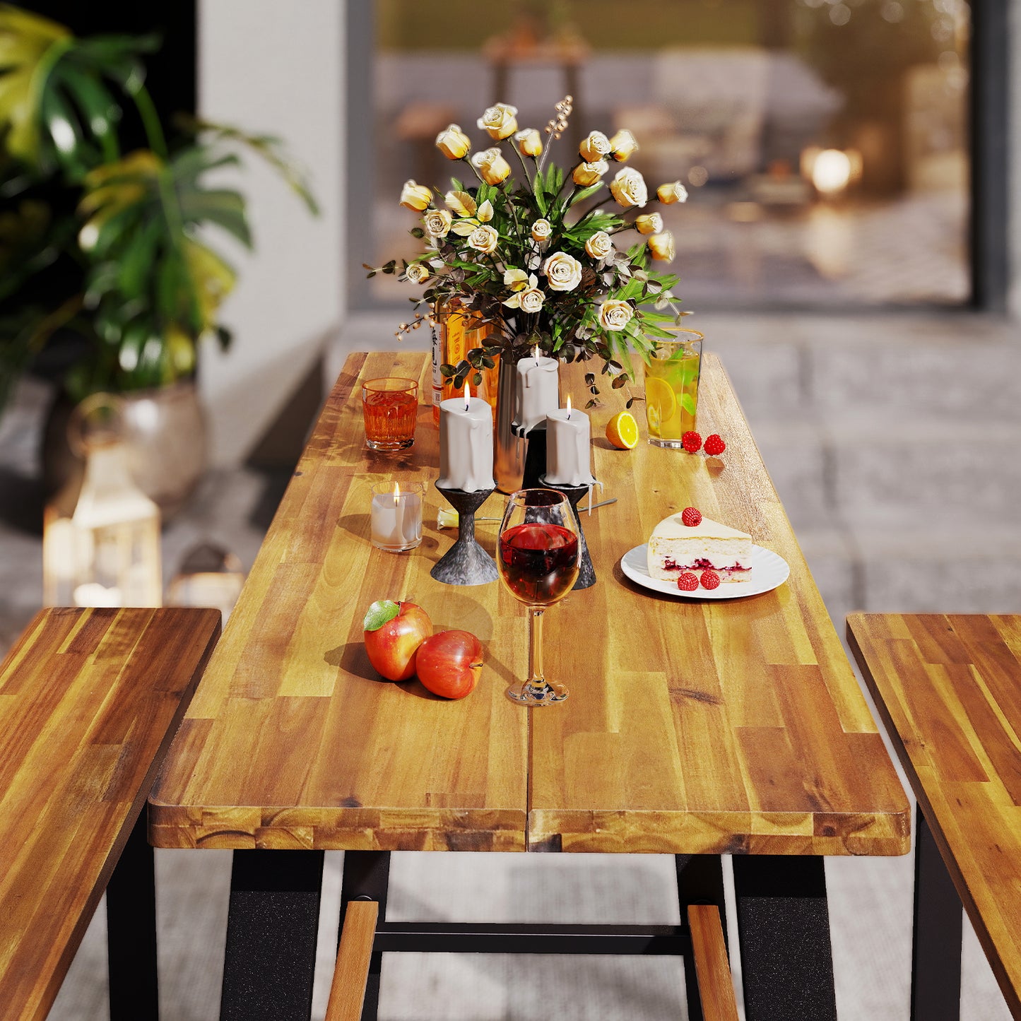 Patio Picnic Table Bench Set with Acacia Wood Tabletop and Benchtop, Natural Patio Dining Sets at Gallery Canada